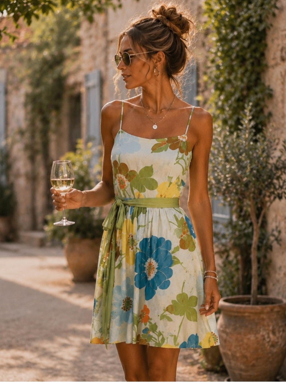 KLD Signature Floral Tea Dress Large Blue Green Botanical Print Tie Waist Sz Lg